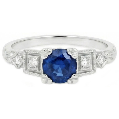Round Cut 1.65 Ct Sri Lankan Sapphire And Natural Earth Mined Diamonds Ring White Gold 14K