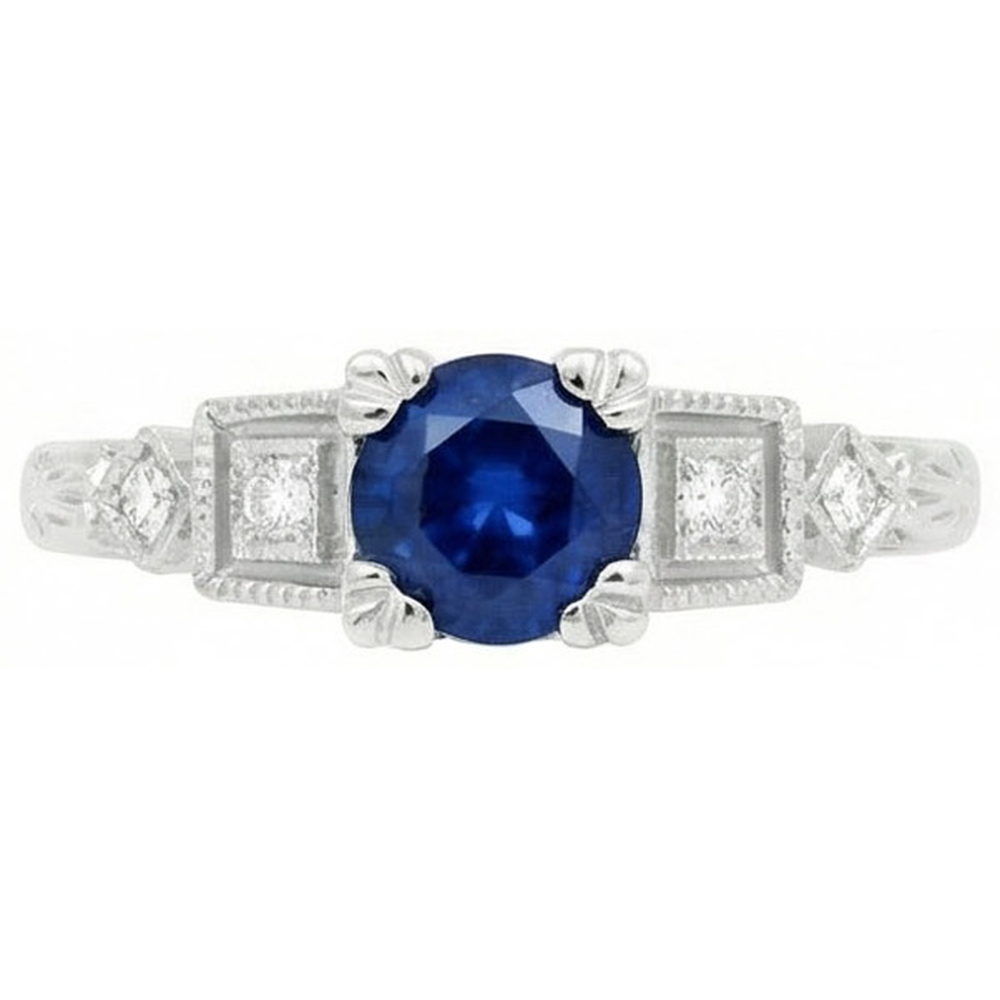 Round Cut 1.65 Ct Sri Lankan Sapphire And Natural Earth Mined Diamonds Ring White Gold 14K