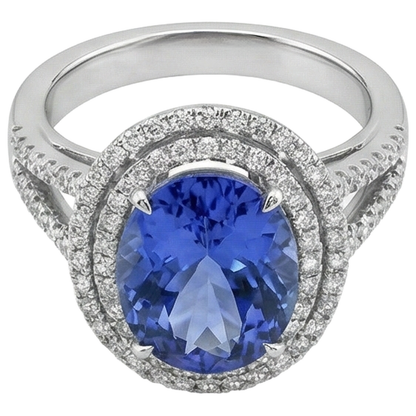 Round Cut 4.20 Carats Tanzanite And Natural Earth Mined Diamonds Wedding Ring 14K Wg