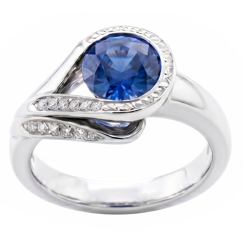 Round Cut Blue Sapphire And Natural Earth Mined Diamonds 2.50 Ct Ring White Gold 14K