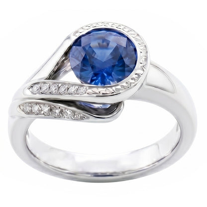 Round Cut Blue Sapphire And Natural Earth Mined Diamonds 2.50 Ct Ring White Gold 14K