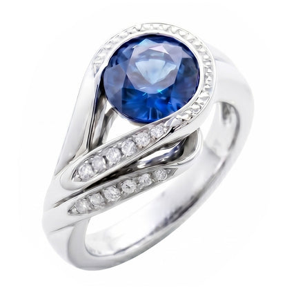 Round Cut Blue Sapphire And Natural Earth Mined Diamonds 2.50 Ct Ring White Gold 14K