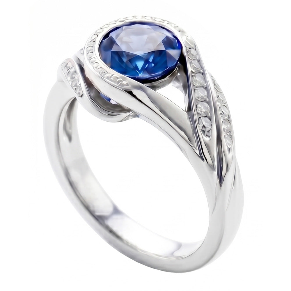 Round Cut Blue Sapphire And Natural Earth Mined Diamonds 2.50 Ct Ring White Gold 14K