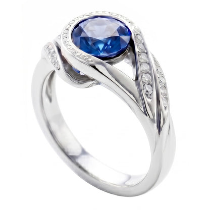 Round Cut Blue Sapphire And Natural Earth Mined Diamonds 2.50 Ct Ring White Gold 14K