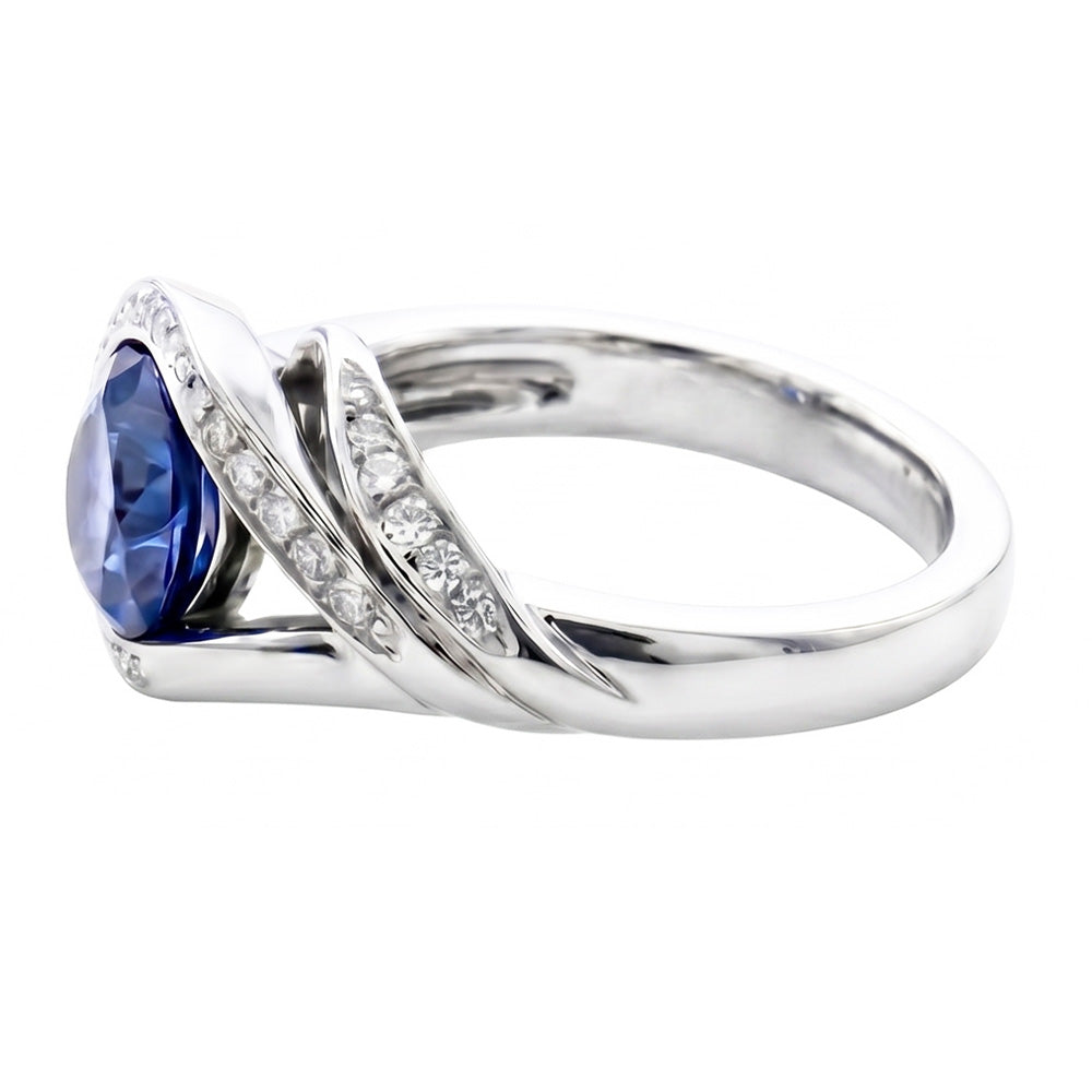 Round Cut Blue Sapphire And Natural Earth Mined Diamonds 2.50 Ct Ring White Gold 14K