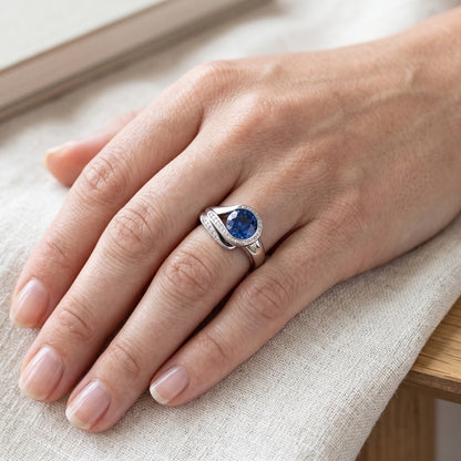 Round Cut Blue Sapphire And Natural Earth Mined Diamonds 2.50 Ct Ring White Gold 14K