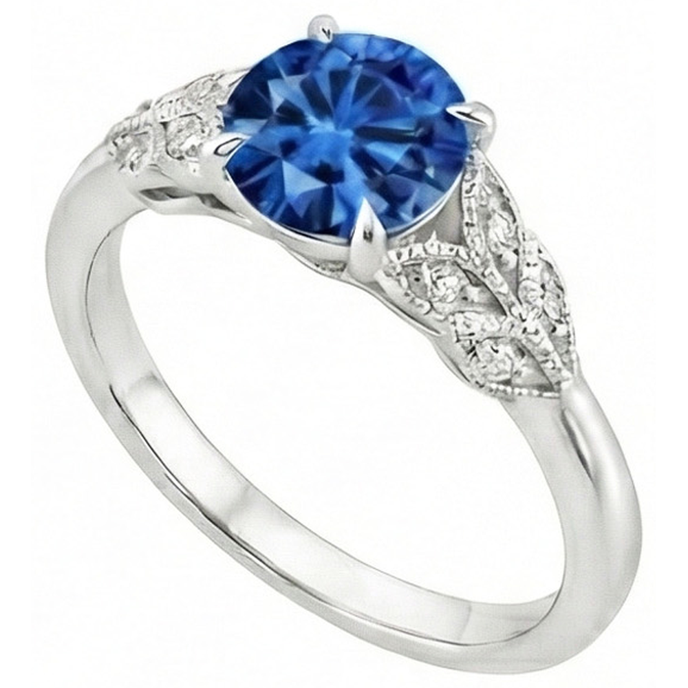 Round Cut Blue Sapphire With Natural Earth Mined Diamonds 2.25 Ct Ring New White Gold 14K