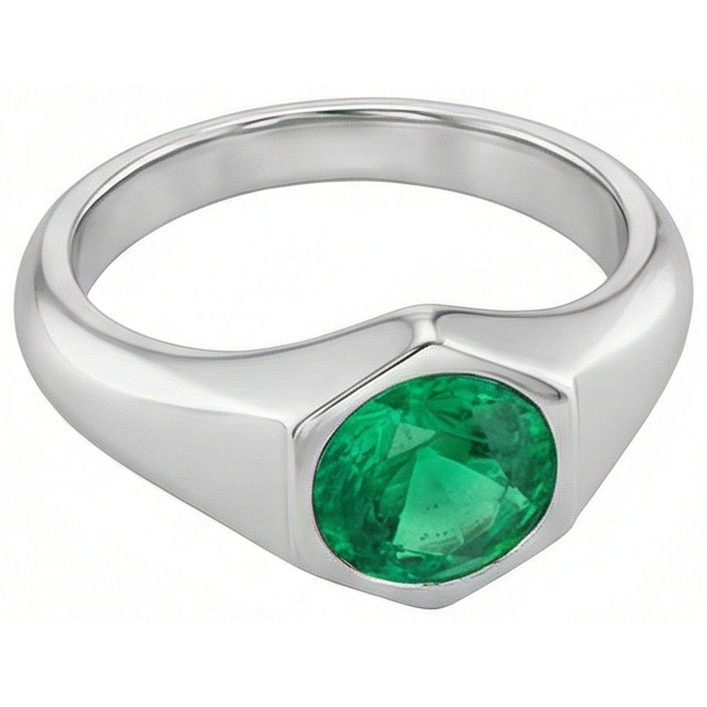 Natural Real ( Not Lab Grown ) Round Cut Gents Ring Green Emerald GIA Flush Setting