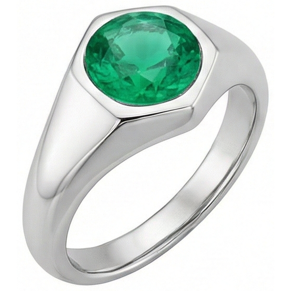 Natural Real ( Not Lab Grown ) Round Cut Gents Ring Green Emerald GIA Flush Setting