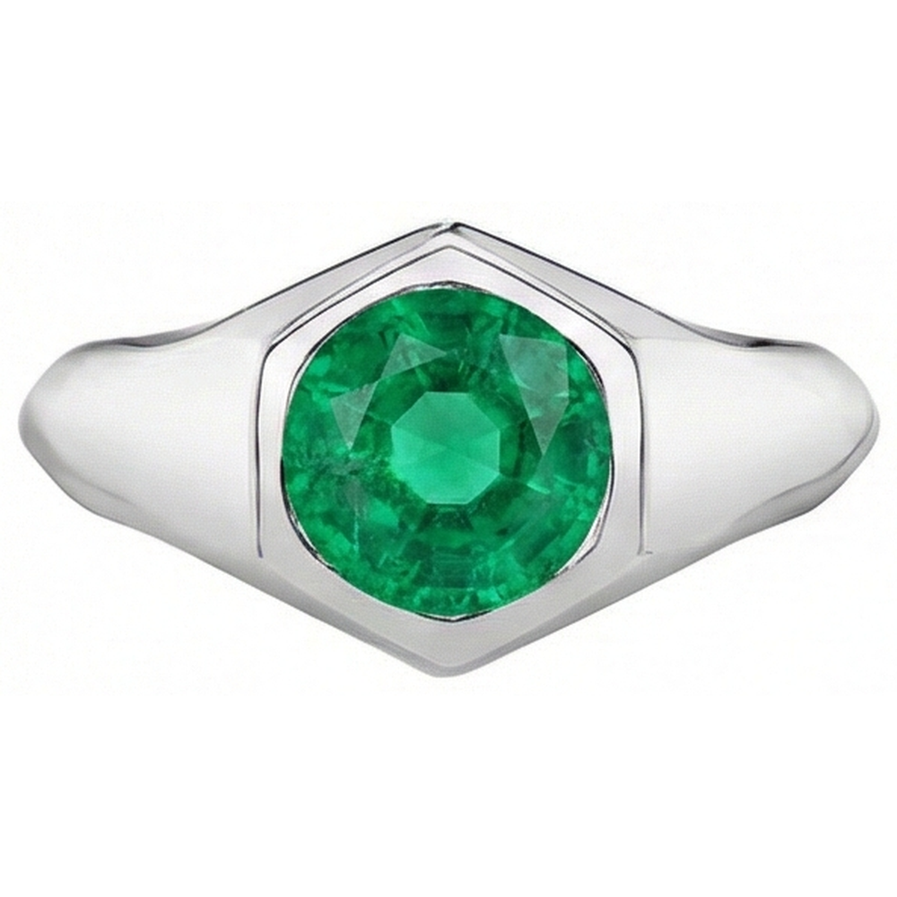 Natural Real ( Not Lab Grown ) Round Cut Gents Ring Green Emerald GIA Flush Setting