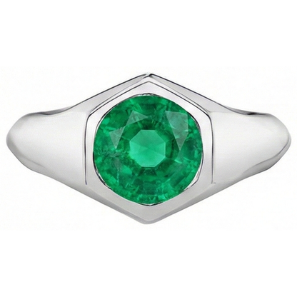 Natural Real ( Not Lab Grown ) Round Cut Gents Ring Green Emerald GIA Flush Setting