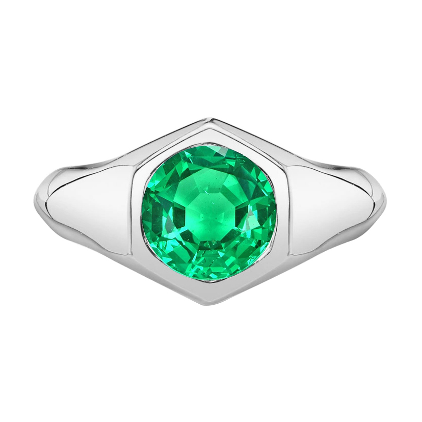 Round Cut Gents Ring Green Emerald Flush Setting