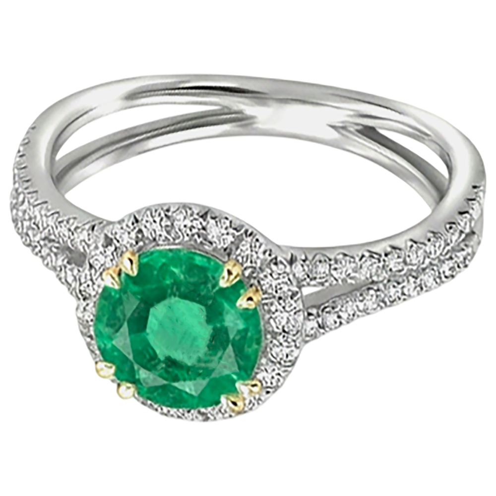 Natural Real ( Not Lab Grown ) Round Cut Green Emerald GIA Halo Ring Split Shank Diamond Jewelry