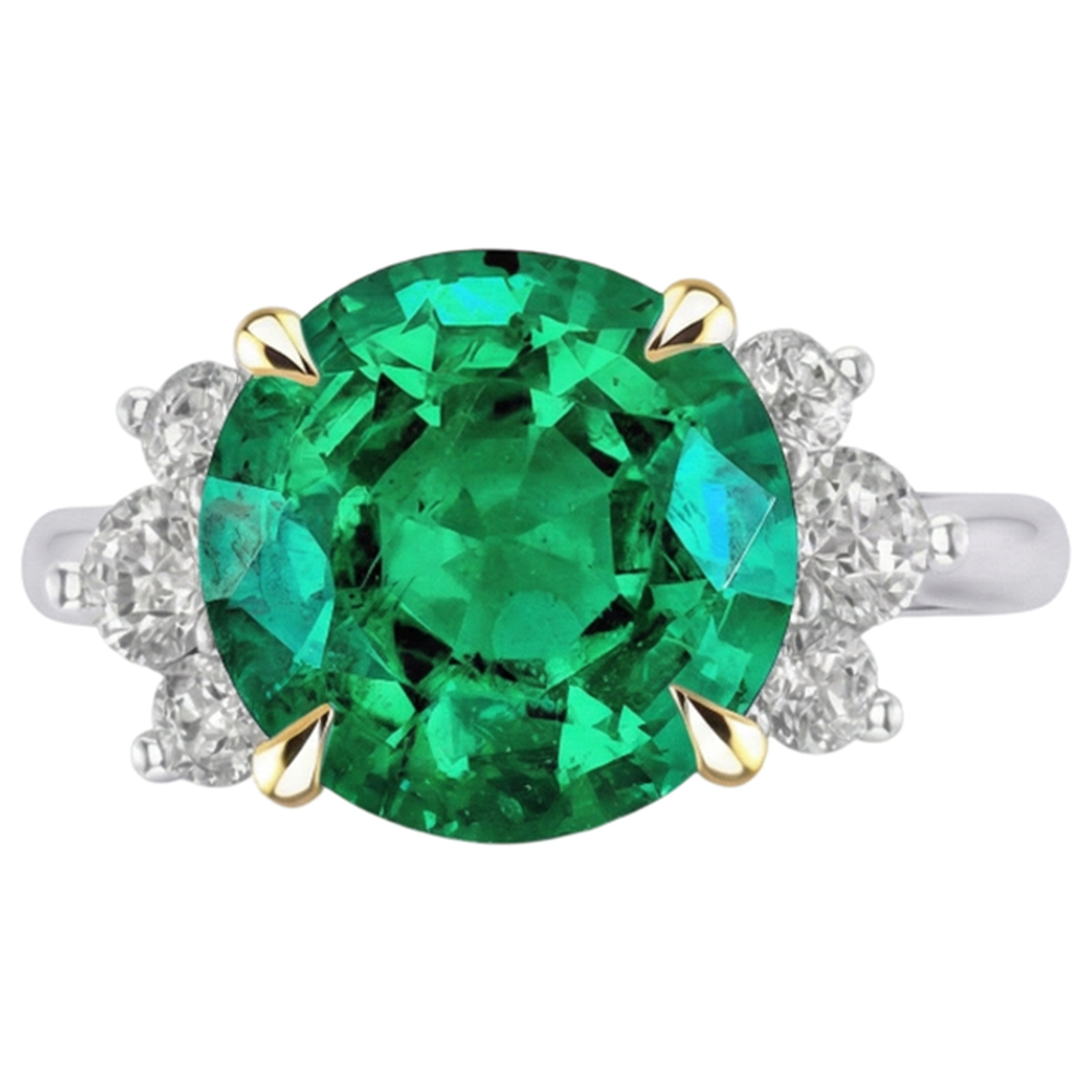 Natural Real ( Not Lab Grown ) Round Cut Green Emerald GIA Ring Prong Set Gold 14K