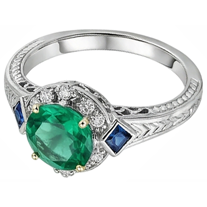 Natural Real ( Not Lab Grown ) Round Cut Green Emerald GIA & Sapphire Ring Halo Diamond Vintage Look