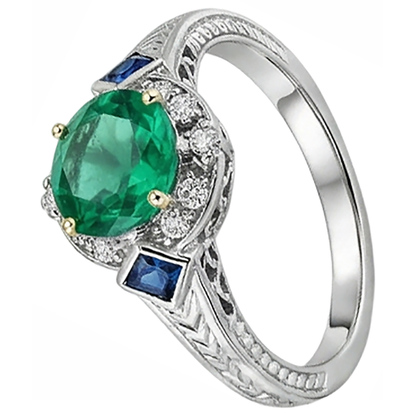 Natural Real ( Not Lab Grown ) Round Cut Green Emerald GIA & Sapphire Ring Halo Diamond Vintage Look
