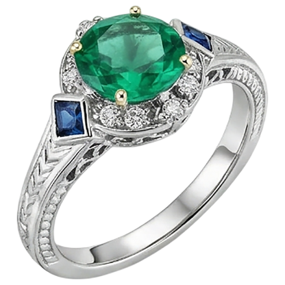 Natural Real ( Not Lab Grown ) Round Cut Green Emerald GIA & Sapphire Ring Halo Diamond Vintage Look
