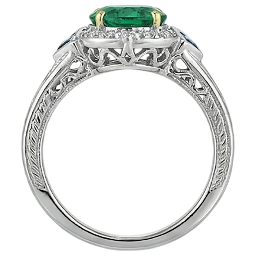 Natural Real ( Not Lab Grown ) Round Cut Green Emerald GIA & Sapphire Ring Halo Diamond Vintage Look