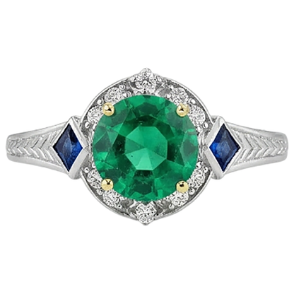 Natural Real ( Not Lab Grown ) Round Cut Green Emerald GIA & Sapphire Ring Halo Diamond Vintage Look