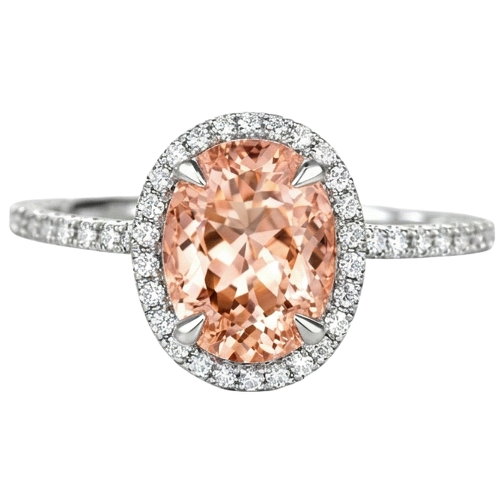 Round Cut Morganite And Natural Earth Mined Diamonds 11.35 Carats Ring Gold White 14K
