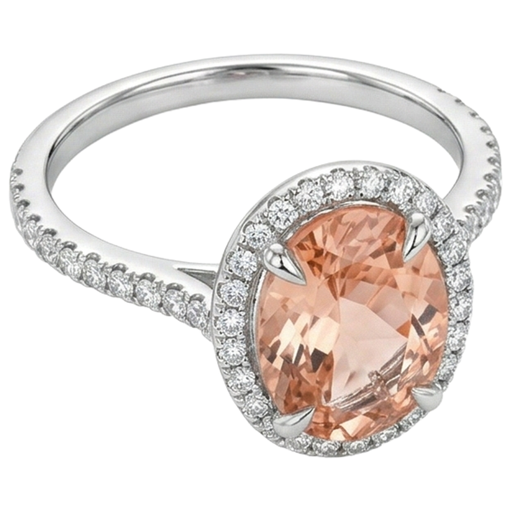 Round Cut Morganite And Natural Earth Mined Diamonds 11.35 Carats Ring Gold White 14K