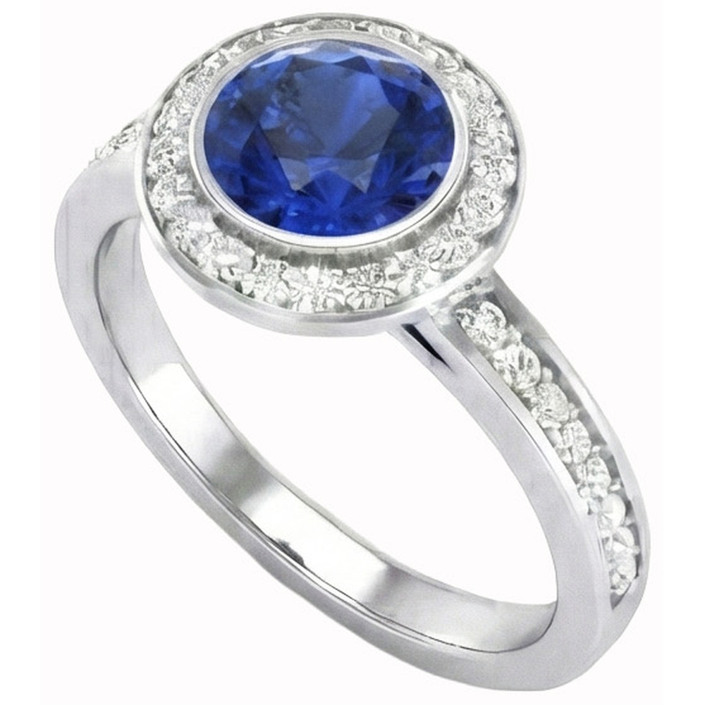 Round Cut Solitaire With Accents 2.40 Ct Ceylon Sapphire Natural Earth Mined Diamonds Ring