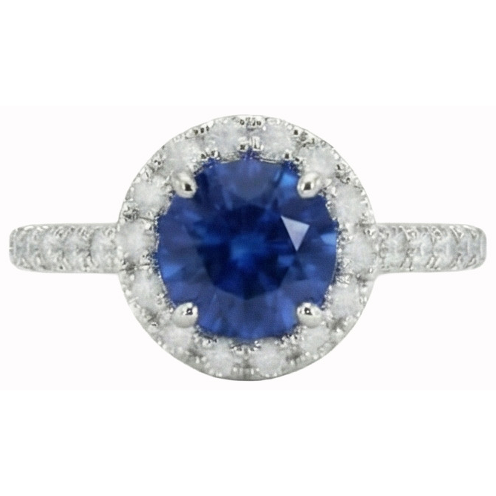 Round Cut Sri Lankan Sapphire Halo Natural Earth Mined Diamond Ring White Gold 14K