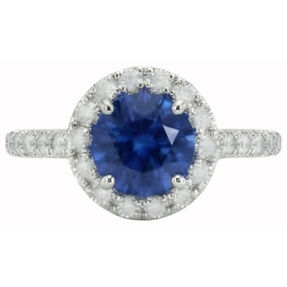 Round Cut Sri Lankan Sapphire Halo Natural Earth Mined Diamond Ring White Gold 14K