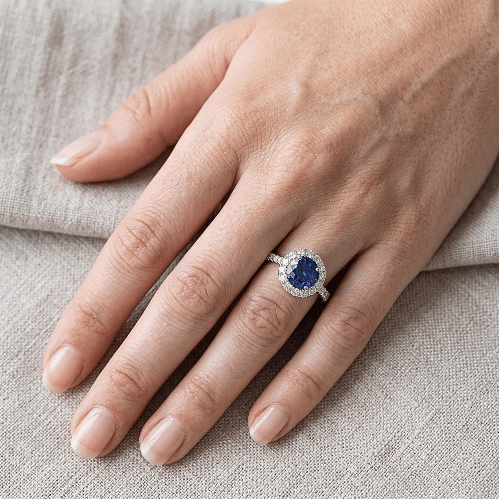 Round Cut Sri Lankan Sapphire Halo Natural Earth Mined Diamond Ring White Gold 14K