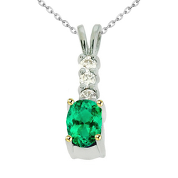 Round Diamond And Gemstone Pendant Green Emerald Necklace For Women