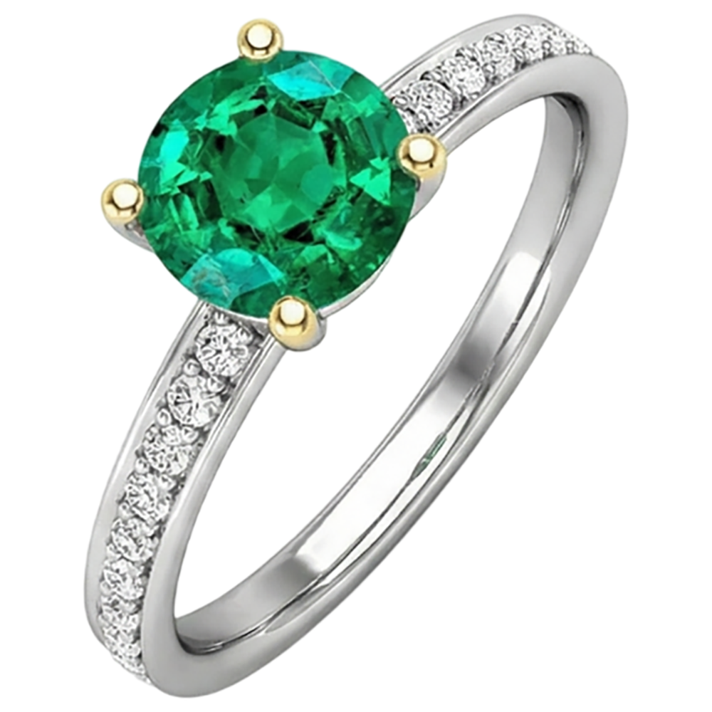 Natural Real ( Not Lab Grown ) Round Diamond Engagement Ring Green Emerald GIA With Accents