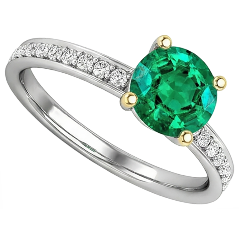 Natural Real ( Not Lab Grown ) Round Diamond Engagement Ring Green Emerald GIA With Accents