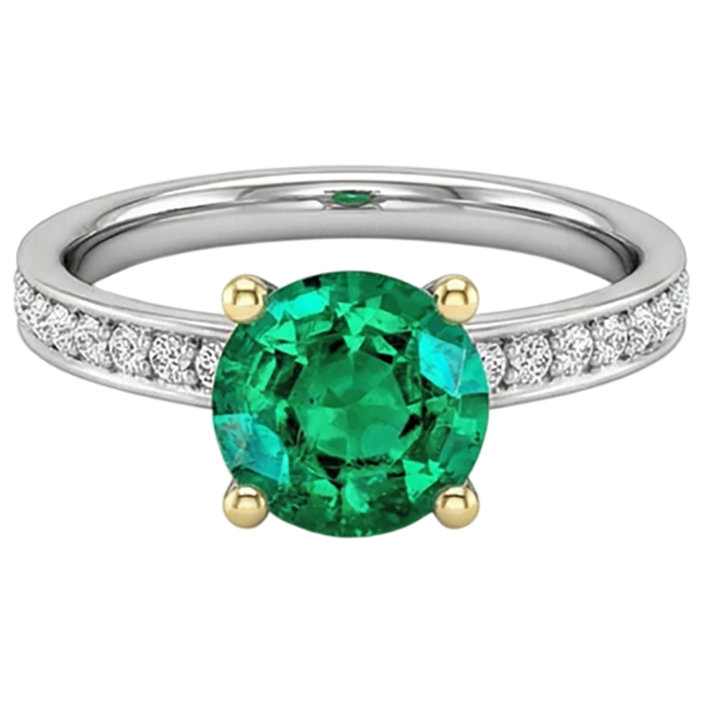 Natural Real ( Not Lab Grown ) Round Diamond Engagement Ring Green Emerald GIA With Accents