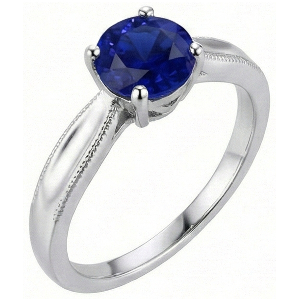 Natural Real ( Not Lab Grown )  Round Gemstone Solitaire Ring Ceylon Sapphire Milgrain Shank 1 Carat