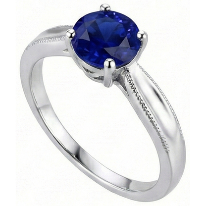 Natural Real ( Not Lab Grown )  Round Gemstone Solitaire Ring Ceylon Sapphire Milgrain Shank 1 Carat