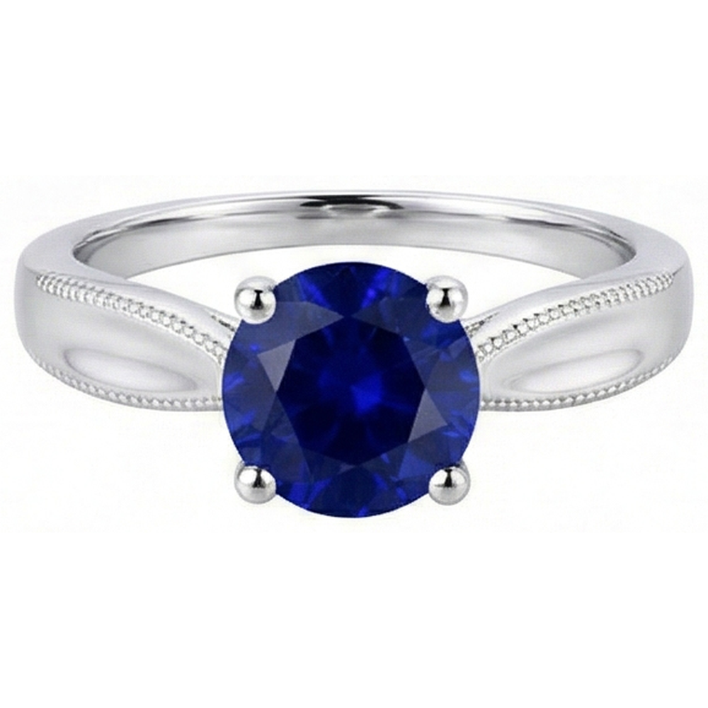 Natural Real ( Not Lab Grown )  Round Gemstone Solitaire Ring Ceylon Sapphire Milgrain Shank 1 Carat