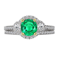 Round Green Emerald Engagement Ring Set
