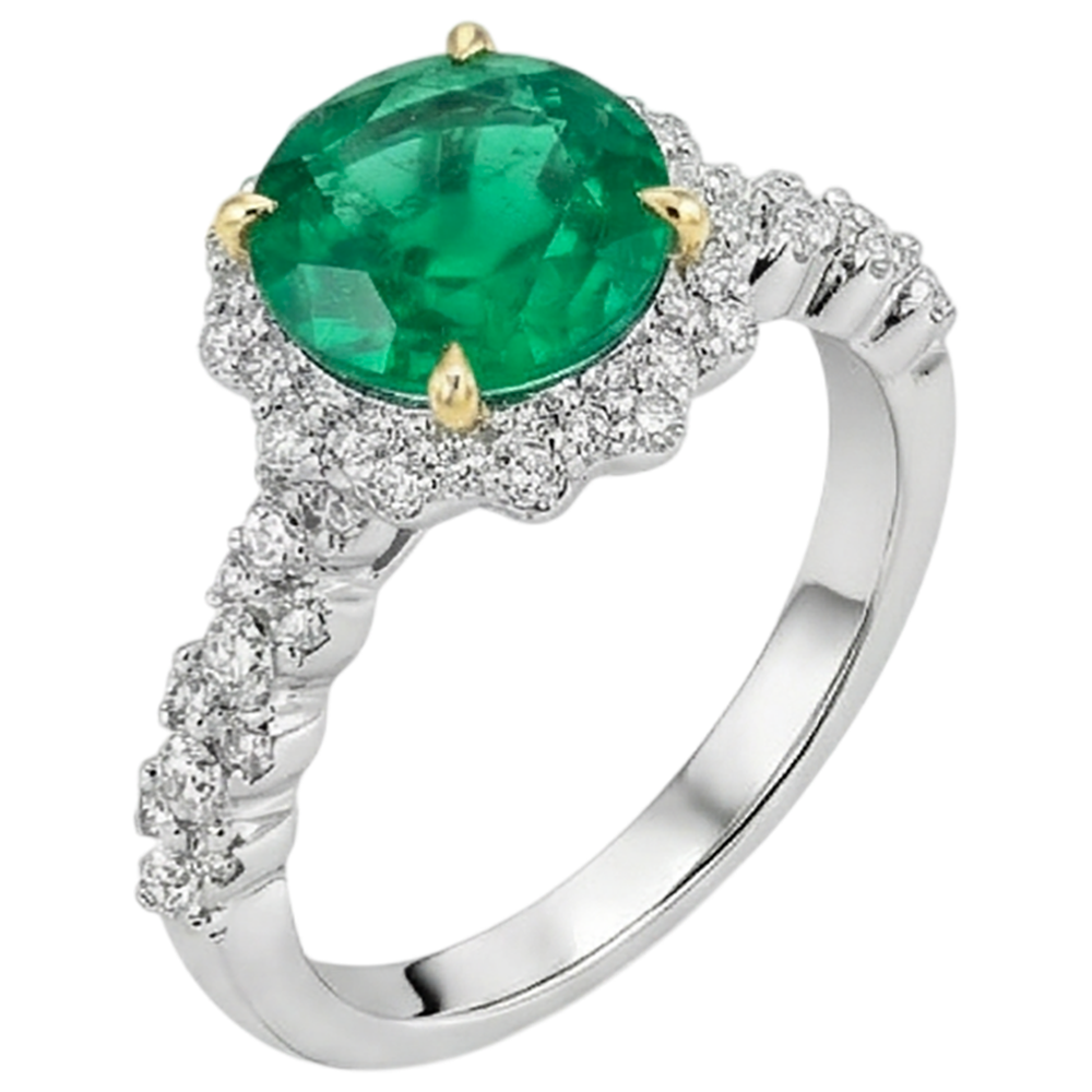 Natural Real ( Not Lab Grown ) Round Green Emerald GIA Gold Ring Halo Diamond Jewelry