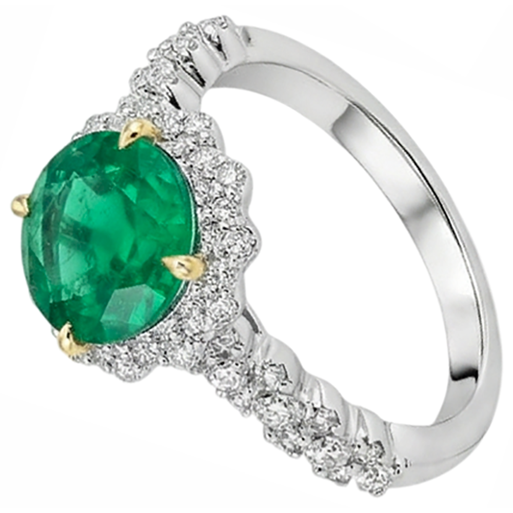 Natural Real ( Not Lab Grown ) Round Green Emerald GIA Gold Ring Halo Diamond Jewelry