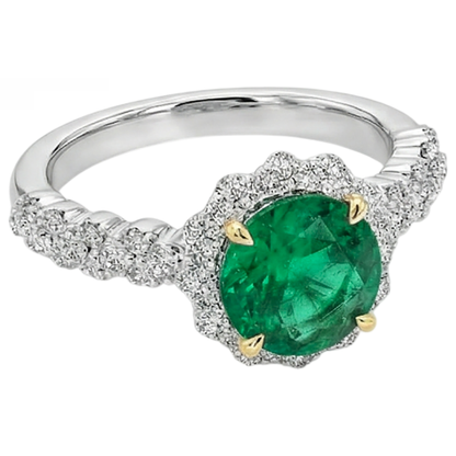 Natural Real ( Not Lab Grown ) Round Green Emerald GIA Gold Ring Halo Diamond Jewelry