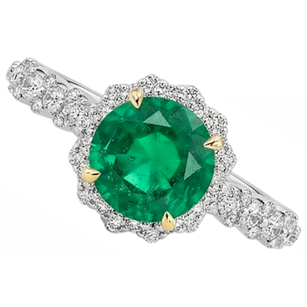Natural Real ( Not Lab Grown ) Round Green Emerald GIA Gold Ring Halo Diamond Jewelry