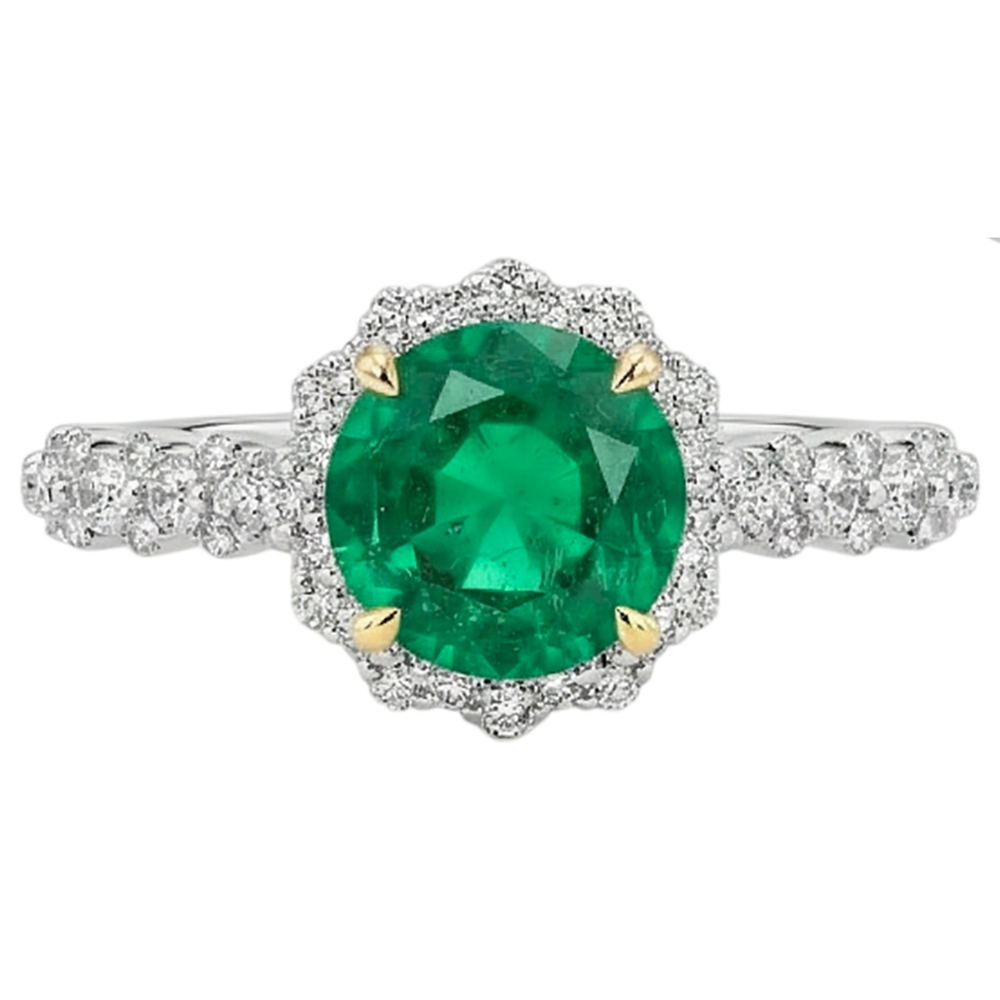 Natural Real ( Not Lab Grown ) Round Green Emerald GIA Gold Ring Halo Diamond Jewelry