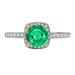 Round Green Emerald Halo Ring With Accents Double Prong Set
