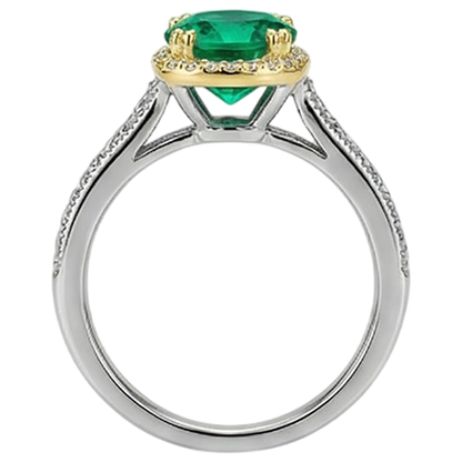Natural Real ( Not Lab Grown ) Round Green Emerald GIA Halo Ring Two Tone Gold Milgrain