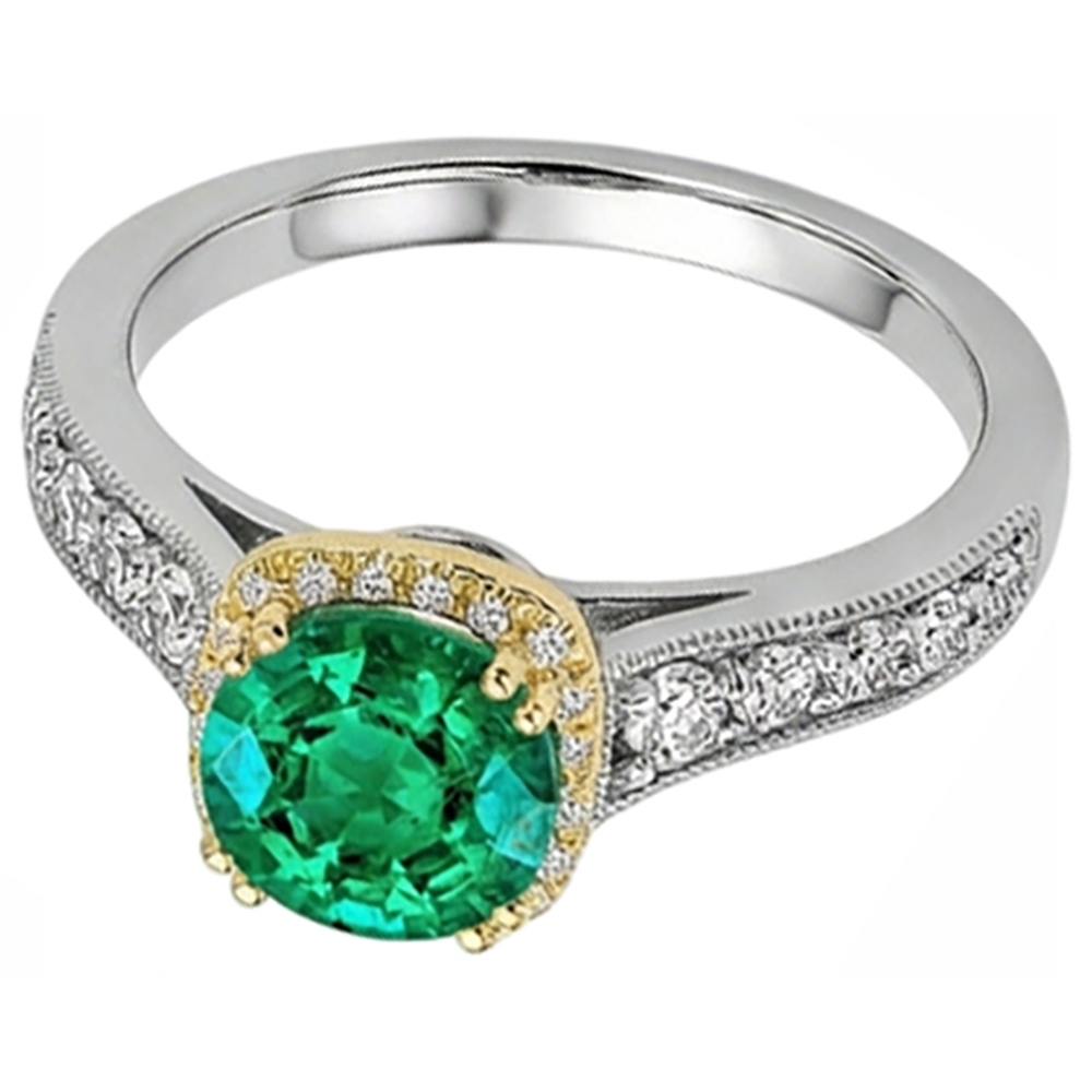 Natural Real ( Not Lab Grown ) Round Green Emerald GIA Halo Ring Two Tone Gold Milgrain