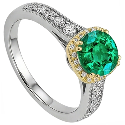 Natural Real ( Not Lab Grown ) Round Green Emerald GIA Halo Ring Two Tone Gold Milgrain