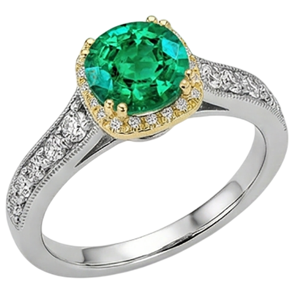 Natural Real ( Not Lab Grown ) Round Green Emerald GIA Halo Ring Two Tone Gold Milgrain
