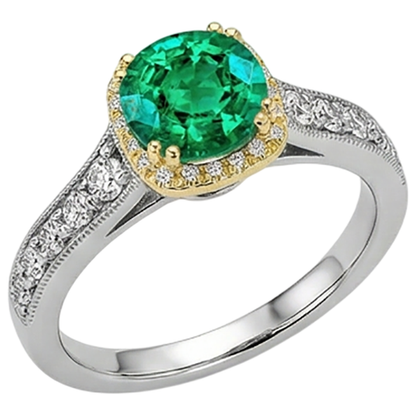 Natural Real ( Not Lab Grown ) Round Green Emerald GIA Halo Ring Two Tone Gold Milgrain