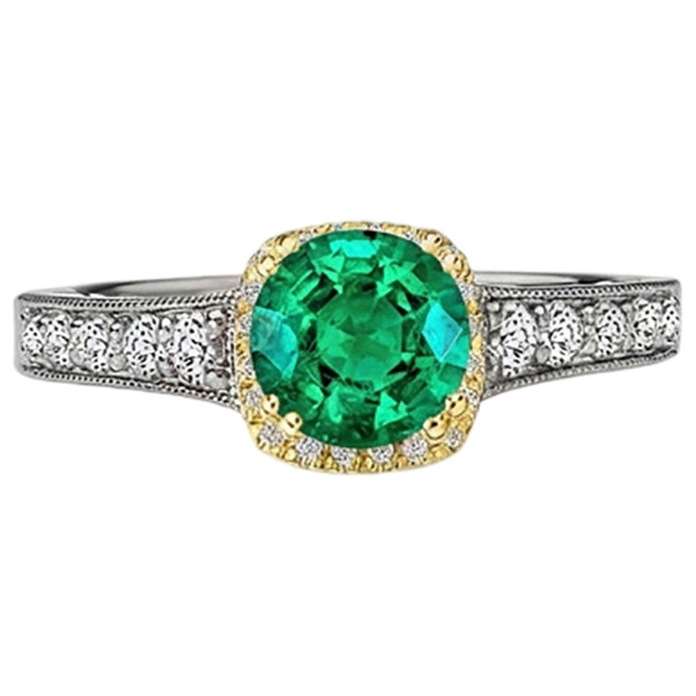 Natural Real ( Not Lab Grown ) Round Green Emerald GIA Halo Ring Two Tone Gold Milgrain