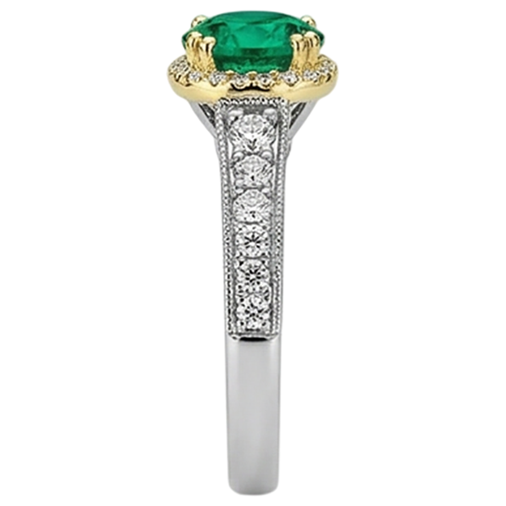 Natural Real ( Not Lab Grown ) Round Green Emerald GIA Halo Ring Two Tone Gold Milgrain